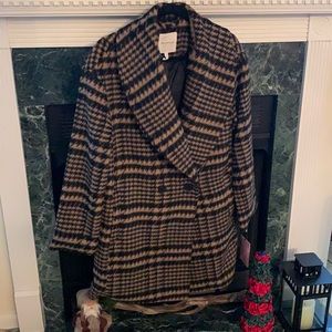 NWT Avec Les Filles plaid shawl coat, size Small. Brown and black. Wool blend